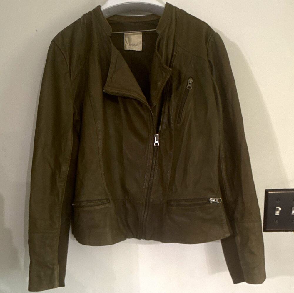 Sejour Women’s Green Biker Jacket Full Zip Short Long Sleeve Size Large Leather